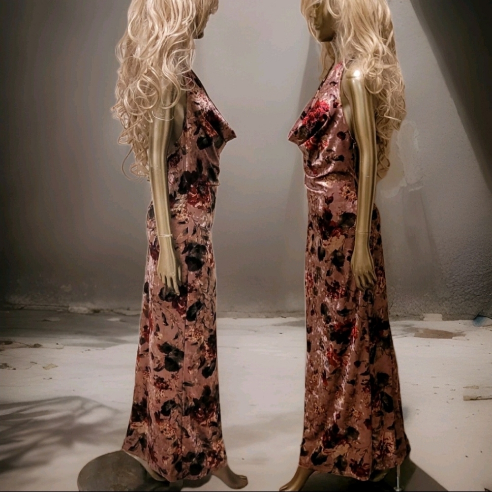 NWT Elegant Blush Floral Velvet Draped Neck Bodycon Day Maxi Dress Sz M - Picture 4 of 16